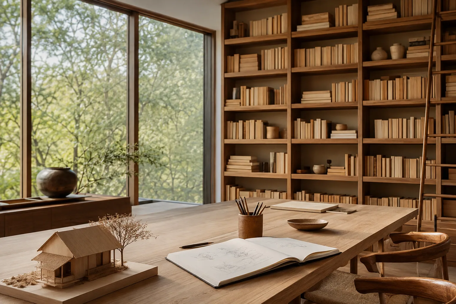 An oak library table with a sketchbook, books, and a small architectural model.